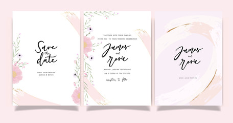Summer Flower Wedding Invitation set, floral invite thank you, rsvp modern card Design in Pink peony and white  floral with leaf greenery  branches decorative Vector elegant rustic template