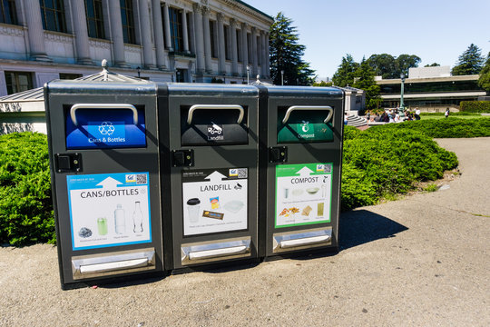 July 13, 2019 Berkeley / CA / USA - Recycling (cans And Bottles), Landfill (garbage And Some Types Of Plastics) And Compost (food And Other Compostable Items) Garbage Bins On UC Berkeley Campus;