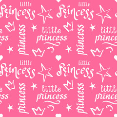 Hand drawn vector seamless pattern. The inscription little Princess and crowns. For girls. White text on a pink background. Wrapping paper, textiles, gift wrap, background fill.