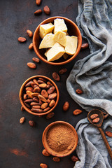 Cocoa beans, powder and butter