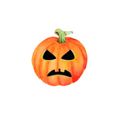 Halloween pumpkin Jack, isolated object on the white background, watercolor hand drawn illustration, cartoon characte