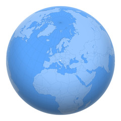 Slovenia on the globe. Earth centered at the location of the Republic of Slovenia. Map of Slovenia. Includes layer with capital cities.