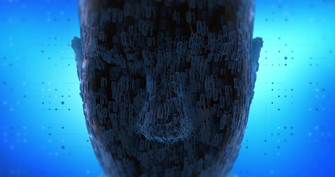 Abstract Bionic Robot Head With Numbers Moving Slowly With Circuit Background - Technology Related 3D 4K Animation Concept