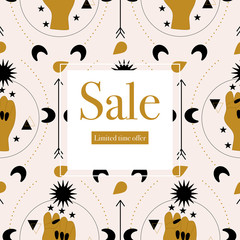 Elegant sale banner with hands and celestial elements.Vector elements. Geometric banner