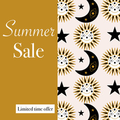 Elegant sale banner with sun, moon and stars. Vector elements. Geometric banner