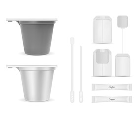 White disposable packaging for sugar and coffee. Paper coffee  or tea cup. Disposable stick for coffee. Realistic vector tea bag