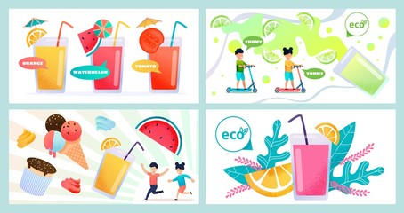 Summer Refreshing Food and Drinks Flat Banner Set