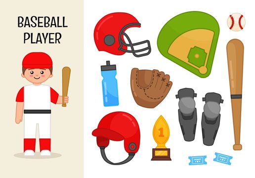 Vector character baseball player. Illustrations of baseball equipment. Set of cartoon professions.