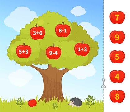 Counting educational children game, math kids activity sheet. Cartoon apple tree.