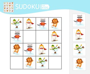 Fototapeta premium Sudoku game for children with pictures. Kids activity sheet. Cartoon cute animals. Winter entertainment.