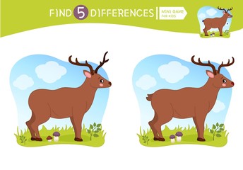 Find differences.  Educational game for children.  Forest animals. Cartoon vector illustration of cute deer.
