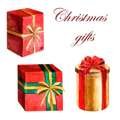 Watercolor collection of Christmas gifts on a white background
