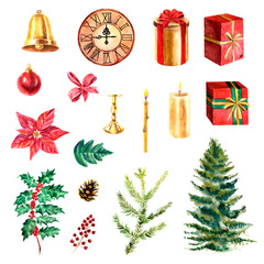 Watercolor collection of Christmas objects on a white background