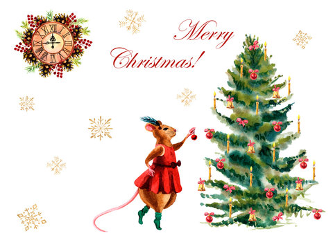 Watercolor Christmas card with Christmas tree and pretty mouse