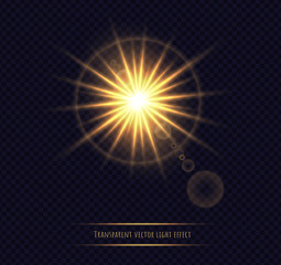 Shining sun flare isolated on dark transparent background.