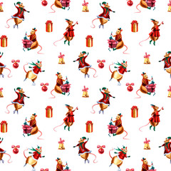 Watercolor Christmas seamless pattern with pretty mouses