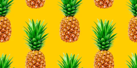 Wall murals Pineapple Pineapple, summer ananas seamless pattern on yellow background