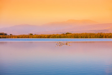 Obraz na płótnie Canvas Beautiful Hula Lake against the mountains in the evening. Hula Valley in Northern Israel at sunset