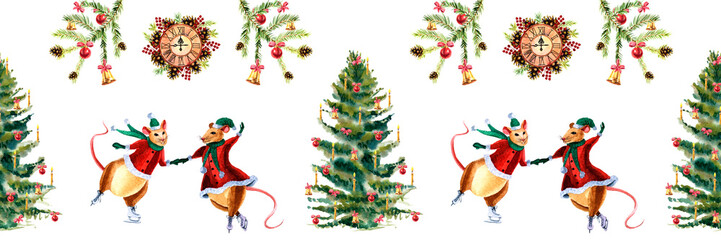 Watercolor Christmas seamless pattern with Christmas tree and pretty mouses