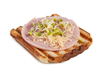 Toast with ham and sprouts on a white background (view from a different angle in the portfolio)