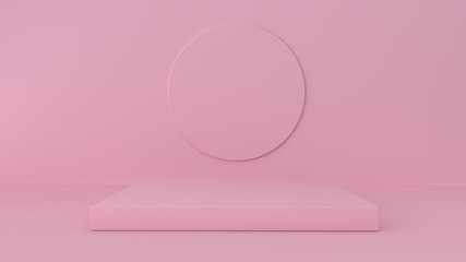 Pink studio and pedestal background. Platform for beauty products display. Realistic mock up in modern minimal design. 3d illustration, 3d rendering.