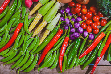 Backgroud of fresh food tasty and healthy varis vegetables are on the wooden table