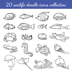 Collection of underwater life ink doodles. Sea animals and fish. Vector stock set. Cute icons. Can be used for printed materials. Ocean background. Hand drawn design elements.
