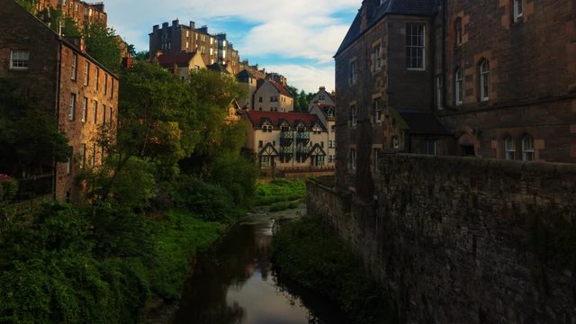 Time lapse view of Dean village in Edinburgh (Scotland) at sunset