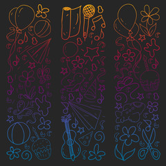 Fototapeta na wymiar Vector set of cute creative illustration templates with birthday theme design. Hand Drawn for holiday, party invitations. Drawing on blackboard in gradient style.