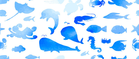 Seamless pattern of underwater life ink doodles with watercolor texture. Sea animals and fish. Vector stock set. Cute icons. For printed materials. Ocean background. Hand drawn design elements.