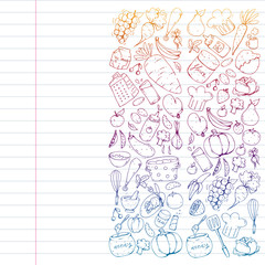 Healthy food and cooking. Fruits, vegetables, household. Doodle vector set.