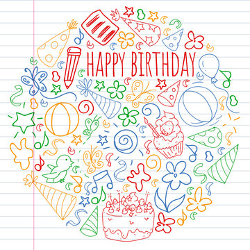 Vector set of cute creative illustration templates with birthday theme design. Hand Drawn for holiday, party invitations. Drawing on exercise notebook in colorful style.