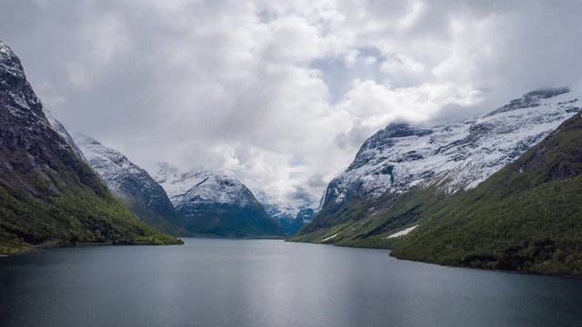 Dramatic clouds forming over the Lovatnet lake in the municipality of Stryn in Sogn og Fjordane county, Norway.