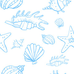 Collection of sea shell ink doodles on white backdrop. Seamless pattern. Endless texture. Can be used for printed materials. Underwater holiday background. Hand drawn design elements. Sea life print.