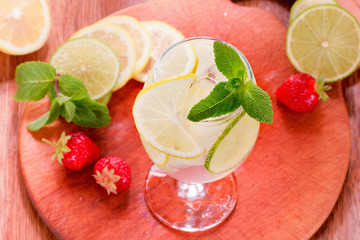 A picture of a glass of water with lemon lime and mint served with ice cubes on a wooden board