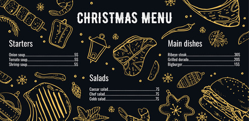 Christmas menu design template. Composition with New Year decorations and food. Hand drawn outline vector sketch illustration