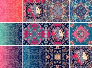 Set of ceramic tiles with abstract ornament, portrait of princess, flowers and leaves. Beautiful collection.