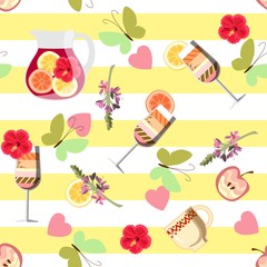 Summer drinks. Seamless pattern with jugs of sangria, cocktails, tropical flowers and butterflies.