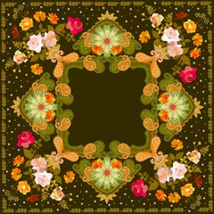 Luxury shawl with ornate paisley ornament, green mandala and bunchs of garden flowers in russian style.