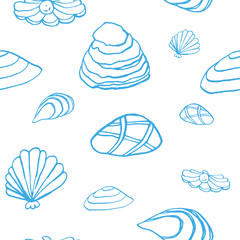 Collection of sea shell ink doodles on white backdrop. Seamless pattern. Endless texture. Can be used for printed materials. Underwater holiday background. Hand drawn design elements. Sea life print.
