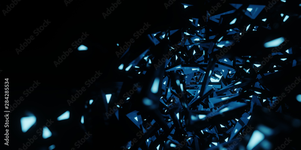 Poster 3d rendering of abstract triangle geometry shape with glowing led blue color. concept of technology 