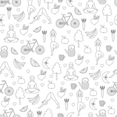 Seamless healthy lifestyle pattern. Yoga and fitness background. Vector illustration.