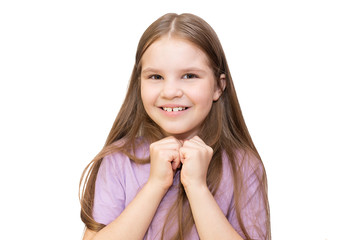 Little girl waiting for a gift. Isolated on a white background.