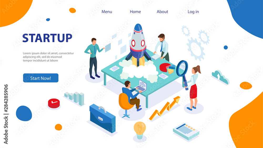 Poster modern isometric concept of startup project for website and mobile website. landing page template. e
