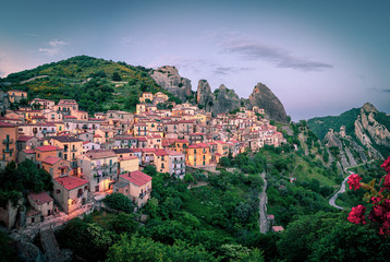 Panoramic view of Castelmezzano, typical italian little village on appenini mountains, province of Potenza, in the Southern Italian region of Basilicata
