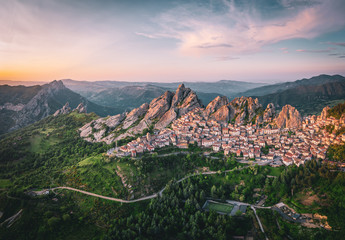 Aerial view of Pietrapertosa rural village in Apennines Dolomiti Lucane. Basilicata, Italy, at sunset