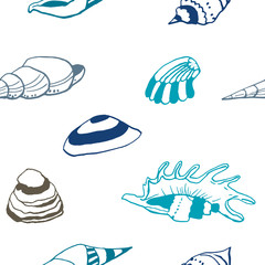 Collection of sea shell ink doodles on white backdrop. Seamless pattern. Endless texture. Can be used for printed materials. Underwater holiday background. Hand drawn design elements. Sea life print.