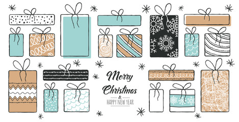 Set of hand drawn modern christmas gifts. Decoration isolated elements. Doodles and sketches vector illustration