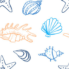 Collection of sea shell ink doodles on white backdrop. Seamless pattern. Endless texture. Can be used for printed materials. Underwater holiday background. Hand drawn design elements. Sea life print.