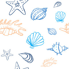 Collection of sea shell ink doodles on white backdrop. Seamless pattern. Endless texture. Can be used for printed materials. Underwater holiday background. Hand drawn design elements. Sea life print.
